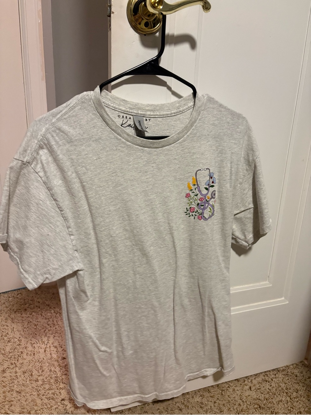 Gray Graphic Woman’s T‑Shirt with Floral Stethoscope Design